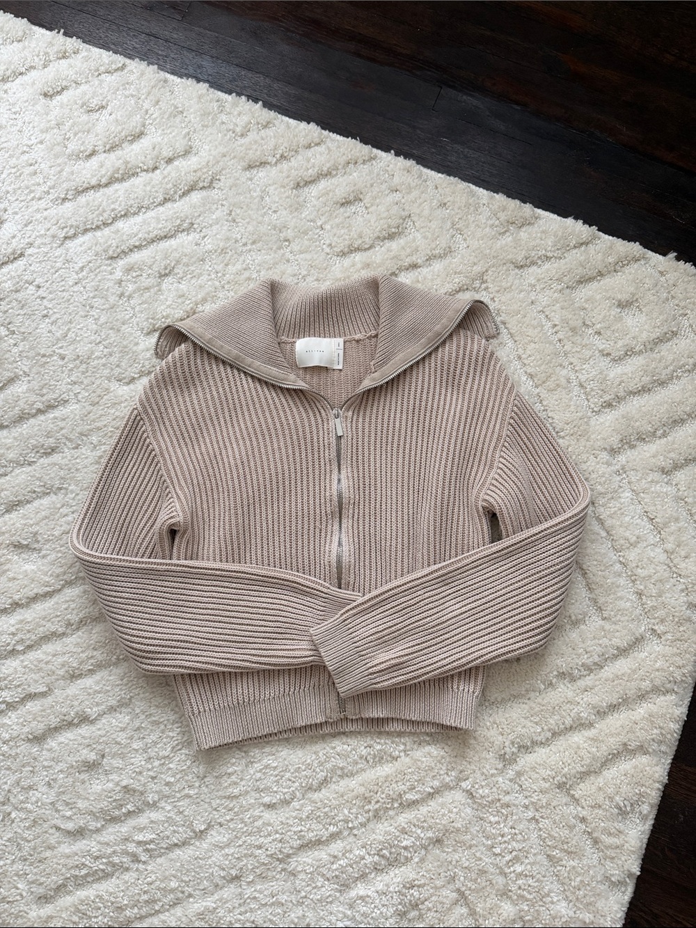 Cropped Zip-Front Ribbed Sweater in Light Taupe